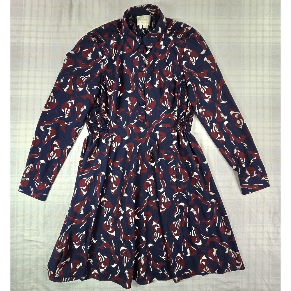KATE SPADE New York So Foxy Foxes Smocked Buttoned Bodice Long Sleeve Dress 10